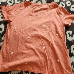 Coral with pale yellow details, Women's T-shirt, hearts.